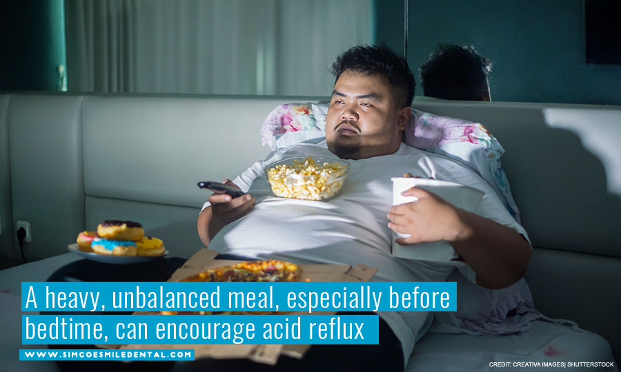 A heavy, unbalanced meal, especially before bedtime, can encourage acid reflux